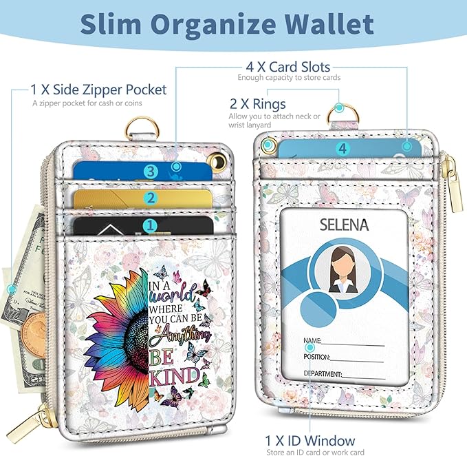 Lanyard Wallet with Id Badge Holder, Be Kind RFID Small Keychain Wallet Women Wristlet, Cute Zipper Credit Card Holder Phone Wrist Neck Strap for Key Name Tag, Teacher Student Office Gifts