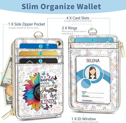 Lanyard Wallet with Id Badge Holder, Be Kind RFID Small Keychain Wallet Women Wristlet, Cute Zipper Credit Card Holder Phone Wrist Neck Strap for Key Name Tag, Teacher Student Office Gifts