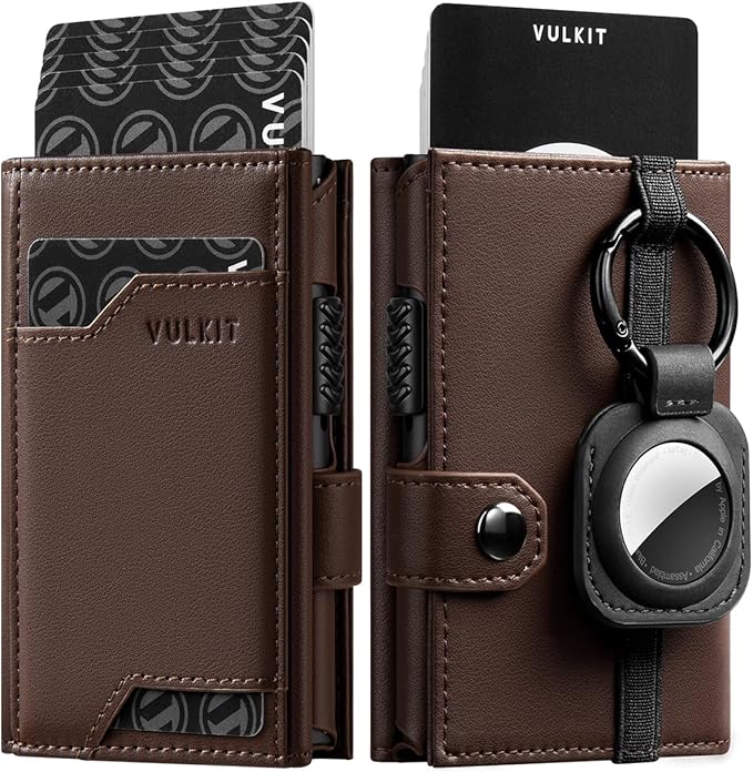 VULKIT Airtag Wallet with Keyring Mens Pop up Credit Card Wallet Compatiable with Air Tag Holder Trifold ID Window RFID Blocking