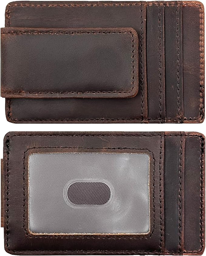 Leather Money Clip Front Pocket Wallets for Men RFID Blocking Strong Magnet Slim Wallet (Small Crazyhorse Brown)