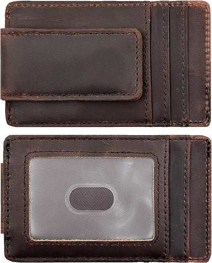Leather Money Clip Front Pocket Wallets for Men RFID Blocking Strong Magnet Slim Wallet (Small Crazyhorse Brown)