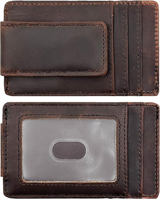 Leather Money Clip Front Pocket Wallets for Men RFID Blocking Strong Magnet Slim Wallet (Small Crazyhorse Brown)