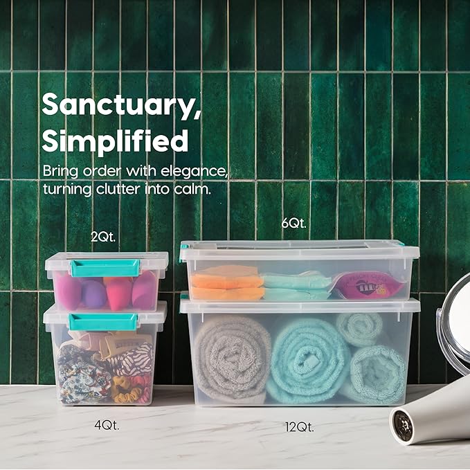 IRIS USA 12 Qt. Craft Storage Bins with Lids, 4-Pack, |Made in USA|, Clip Box, Medium Plastic Sensory Bin Tote Organizer Containers for Art Supplies, Paper, & Office, Stackable - Clear/Seafoam Blue