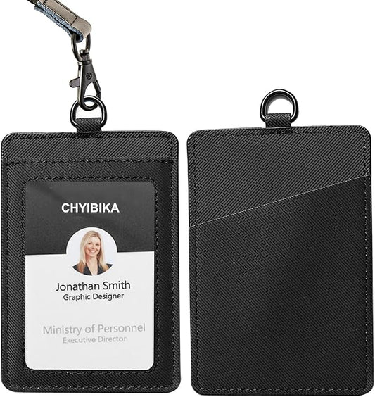 Badge Holder with Lanyard,Leather ID Card Holder,Vertical Lanyard ID Card Holder for Work Office (Black-Twill)