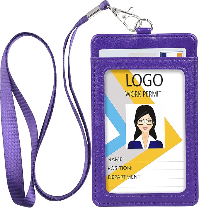 Teskyer Badge Holder with Lanyard, Leather ID Name Badge Card Holder with Lanyard for ID Badges, Vertical Purple