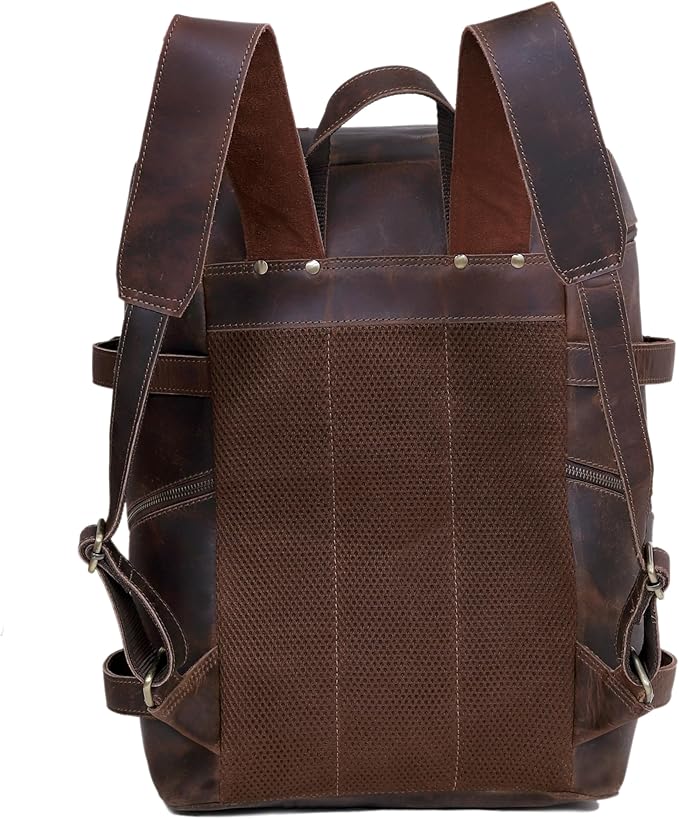 HLC Leather Backpack Genuine Laptop Rucksack For Men Women Genuine Large Capacity Business Retro Travel Camping Daypack Bag (Brown)