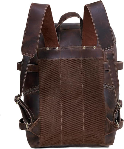 HLC Leather Backpack Genuine Laptop Rucksack For Men Women Genuine Large Capacity Business Retro Travel Camping Daypack Bag (Brown)