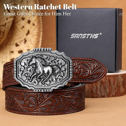 SANSTHS Western Cowboy Ratchet Belts for Men Women Leather Cowboy Belt with Automatic Western Buckle for Jeans Gifts