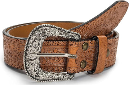 INOGIH Adjustable-Vintage-Western-Cowboy-Belt Women Men - Cowboy-Style Engraved-Buckle Belt for Jeans Pants Dresses