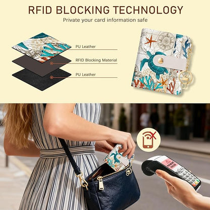 Jogjam Sea Turtle Rfid Women Wallet, Small Slim Thin Credit Card Wallet, PU Leather Bifold Cash Zipper Coin Pocket ID Window for Female Ladies Teen Girls Girly