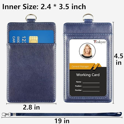 Teskyer Badge Holder with Lanyard, Leather ID Name Badge Card Holder with Lanyard for ID Badges, Vertical Blue