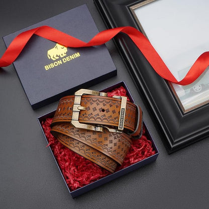 BISON DENIM Men's Genuine Leather Casual Belt, Classic Western Cowboy Dress Belts