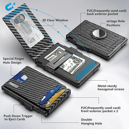 umoven AirTag Wallet for Men - with Pop Up Aluminum Case Money Clip Slim Leather Slots Credit Card Holder RFID Blocking Bifold Minimalist Wallet with Gift Box (Carbon Fiber)