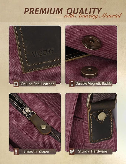 VASCHY Small Messenger Bag, Vintage Canvas Leather Lightweight Crossbody Bag