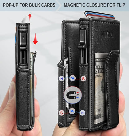 miyozi Wallet for Men, Magnetic Minimalist Slim Wallet with Pop Up Card Holder, 9 Cards RFID Blocking Metal Credit Card Case, Leather Wrapped Money Clip, ID Window & Small Item Slot, Gift Boxed