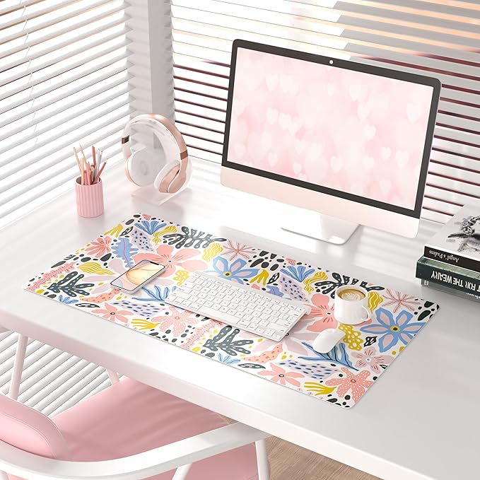 QiyI Floral Large Mouse Pad, Cute Desk Mat for Desktop, Women Girls Desk Accessories Office Décor, PU Leather Waterproof Big Gaming Mousepad, Doodle Flowers Desk Pad Computer Mat, 31.5" x 15.7"