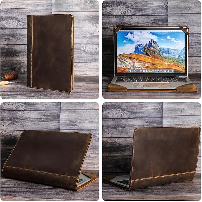 Top Grain Leather 13.3" Slim Laptop Folio Case Protector, Vintage Open Style, Fully Handmade, Compatible with MacBook Pro 13.3" MacBook Air 2022 DELL XPS 13" & Other PC, Coffee 13.3 Inch