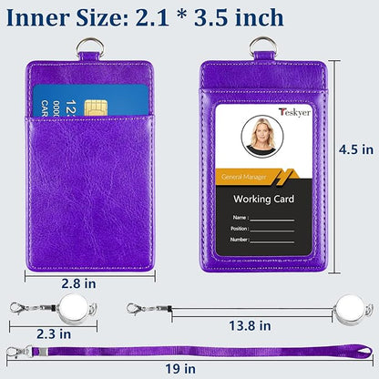 Teskyer Leather Badge Holder with Lanyard and Badge Reel, Retractable Lanyard ID Card Holder for Office School Name Work IDs, Purple