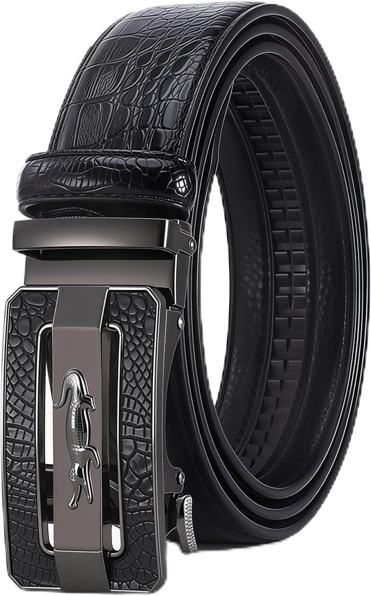 Luxury Crocodile Pattern Leather Belt with Automatic Buckle, Black and Brown, Gold and Gunmetal Buckle, Ratchet Design