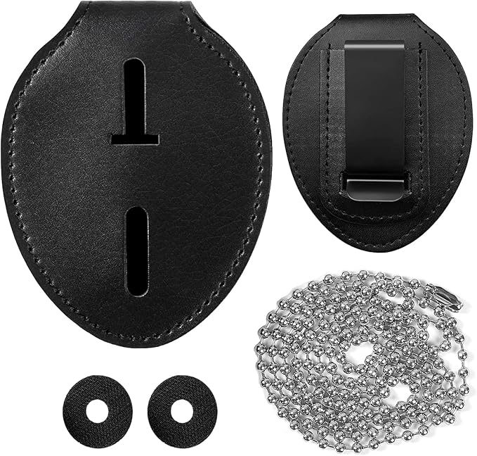 Police Badge Holder, Made of Cowhide, Belt Clip, Universal Law Enforcement Badge Holder, Included for Metal Clip and Chain (Black)