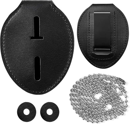 Police Badge Holder, Made of Cowhide, Belt Clip, Universal Law Enforcement Badge Holder, Included for Metal Clip and Chain (Black)