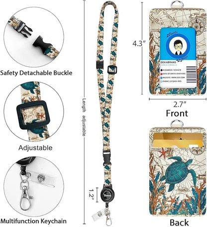 bolimoss Sea Turtle Lanyards for ID Badges, Cute Leather ID Badge Card Holder with Detachable Adjustable Neck Lanyard Strap,Retractable Badge Holders with Quick Release Buckles for Teacher Student