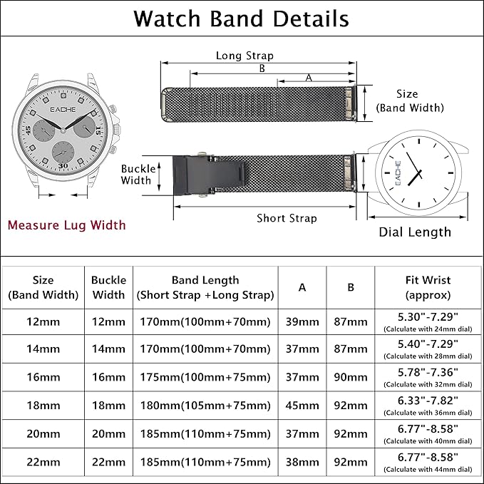 EACHE Stainless Steel Mesh Watch Band for Men Women, Quick Release Mesh Watch Straps 12mm 14mm 16mm 18mm 20mm 22mm
