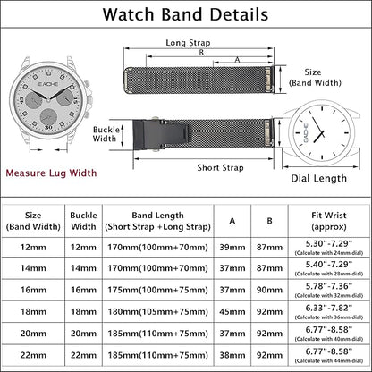 EACHE Stainless Steel Mesh Watch Band for Men Women, Quick Release Mesh Watch Straps 12mm 14mm 16mm 18mm 20mm 22mm