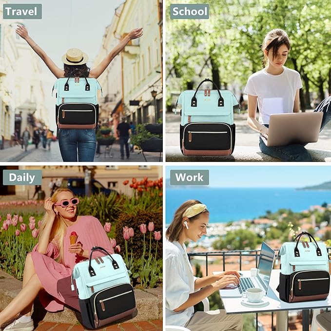 Laptop Backpack for Womem Work Bags: 15.6 Inch Travel BackPacks With USB Charging Port Durable Back Pack Anti Theft Fashion College BookBag Purse Bussiness Daypack for Nurse Teacher Light Blue Black