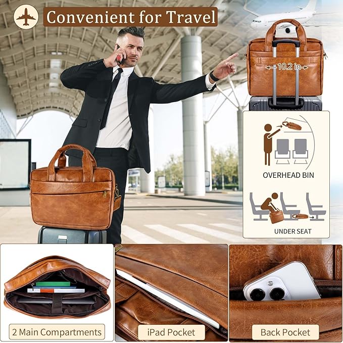 Faux Leather Messenger Bag for Men 15.6 Inch: Laptop Bag Briefcase Computer Handbags Shoulder Crossbody Bag with Padded Laptop Sleeve for Work College Travel, PU Brown