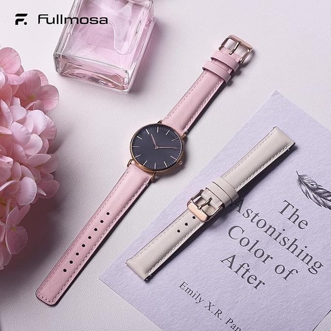 Fullmosa 18mm 20mm 22mm 24mm Leather Watch Bands, 2 Pack Soft Quick Release Watch Strap Compatible with Garmin Vivoactive 5/6/4/3, Venu 4/3S/2S, Samsung Galaxy Fossil Amazfit for Men Women,18mm White+Pink/Rose+Rose