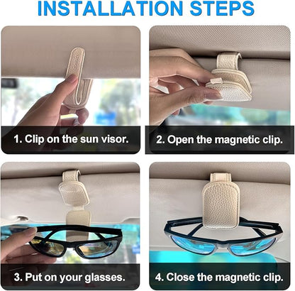 LTOHOE 2 Pack Sunglass Holder for Car, Magnetic Leather Sunglasses Holder and Ticket Card Clip, Universal for Different Size Glasses, Car Visor Accessories(Beige)
