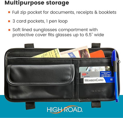 High Road Sun Visor Organizer with Sunglass Holder for Car - Faux Leather Glasses Holder for Car or Truck with Card Pockets and Zippered Compartment for Documents and Receipts