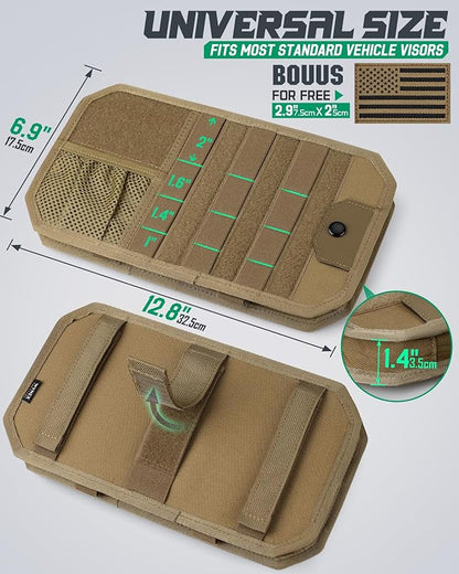 LIVANS Tactical Car Sun Visor Organizer, Auto Accessories Semi-Rigid Molle Panel with Zipper Storage Pouch & Glasses Holder, Gift for Car Gear, Fit Cars, Trucks, Suvs, Jeeps & Patrols (Khaki)