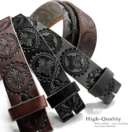 Cowboy Cowgirl Western Tooled Floral Embossed Full Grain Genuine Leather Belt Strap 1-1/2"(38mm) Wide