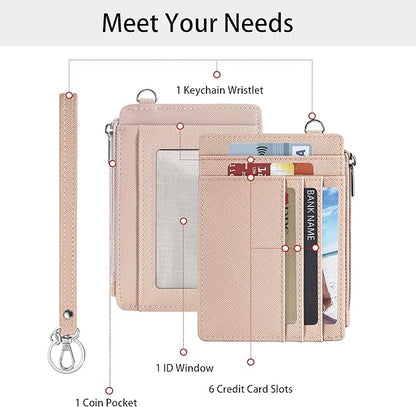 SEAVILIA Small Wallet for Women Slim Wristlet Keychain Wallets RFID Credit Card Holder With Zipper Pocket, ID Window (Pink)