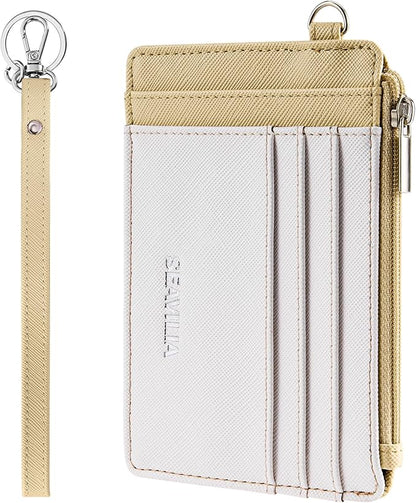 SEAVILIA Small Wallet for Women Slim Wristlet Keychain Wallets RFID Credit Card Holder With Zipper Pocket, ID Window (Beige＆Apricot)