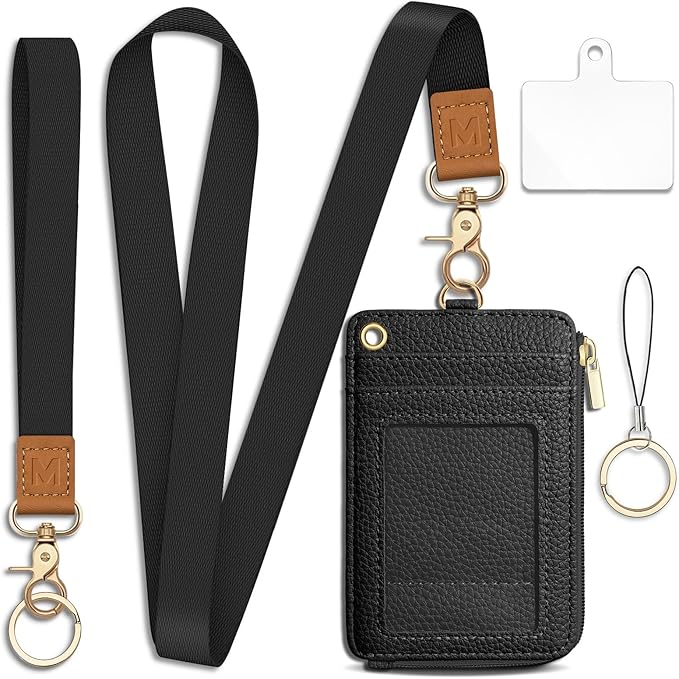 Piefly Black Lanyard Wallet with ID Badge Holder, Business Small RFID Wallet Women Keychain Wristlet, Slim Credit Card Holder with Zipper Pocket Phone Lanyard Wrist Strap Name Tag Office Teacher Gift