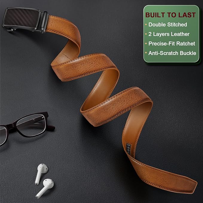 KEMISANT Men Belt Ratchet Click Belt Genuine Leather Adjustable For Men Golf Dress Casual Jeans 1 3/8-Cut For Fit