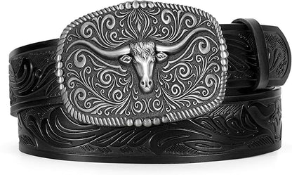 TRIWORKS Western Belt for Men Women Cowboy Engraved Belt Western Buckle Embossed Leather Belt