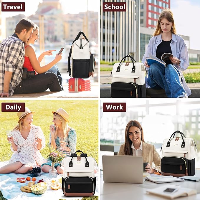 Focdod Laptop Backpack for Womem Work Bags: 18 Inch Anti Theft FashionTravel BackPacks With USB Charging Port Durable Back Pack Purse Bussiness Daypack for Nurse Teacher Beige Black Brown