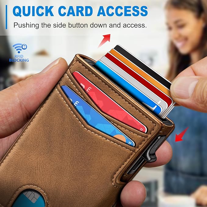 miyozi Wallet for Men, Magnetic Minimalist Slim Wallet with Pop Up Card Holder, 9 Cards RFID Blocking Metal Credit Card Case, Leather Wrapped Money Clip, ID Window & Small Item Slot, Gift Boxed