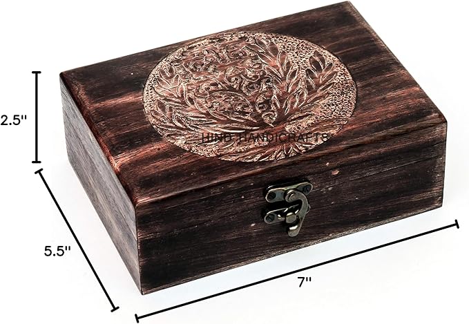 Antique Handmade Wooden Urn Tree of Life | Hand-Carved Jewelry Box for Women & Men | Decorative Keepsake Storage Organizer | Home Decor Accent (7" x 5.5" x 3.5", Tree - 4)