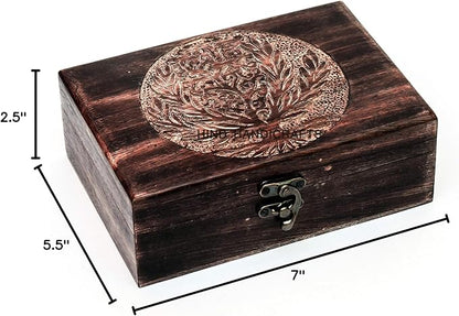 Antique Handmade Wooden Urn Tree of Life | Hand-Carved Jewelry Box for Women & Men | Decorative Keepsake Storage Organizer | Home Decor Accent (7" x 5.5" x 3.5", Tree - 4)