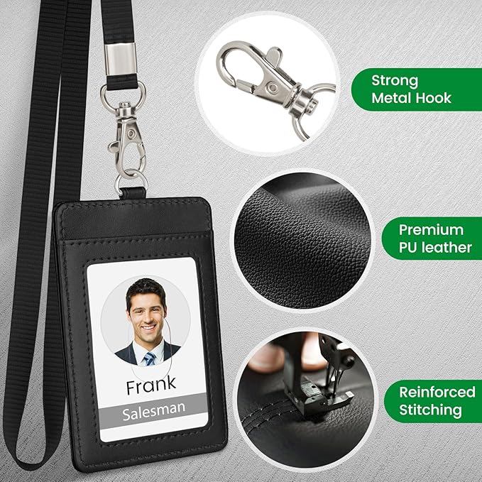 TALONITE Badge Holder for AirTag, PU Leather ID Badge Holder with 1 Clear ID Window & 2 Credit Card Slot & 1 Detachable Neck Lanyard