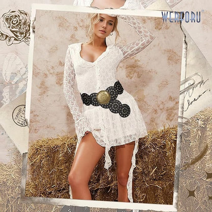 WERFORU Women Vintage Leather Belt Western Disc Waist Belts Ladies Western Belt Boho Belt for Dress Jean-