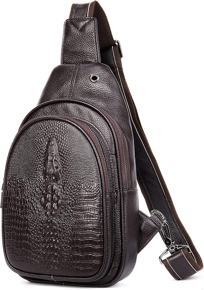 NIUCUNZH Crocodile Leather Sling Bag with Leather Strap, 3 Zipper Crossbody Shoulder Bags for Travel Hike Everyday Carry