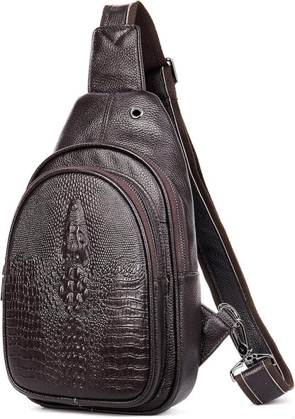 NIUCUNZH Crocodile Leather Sling Bag with Leather Strap, 3 Zipper Crossbody Shoulder Bags for Travel Hike Everyday Carry