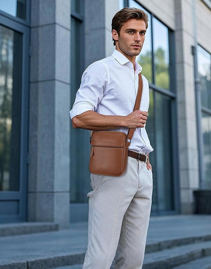 Leathario Men's Crossbody Shoulder Bag, Genuine Leather Small Messenger Satchel for Work Business Travel, Black Side Purse