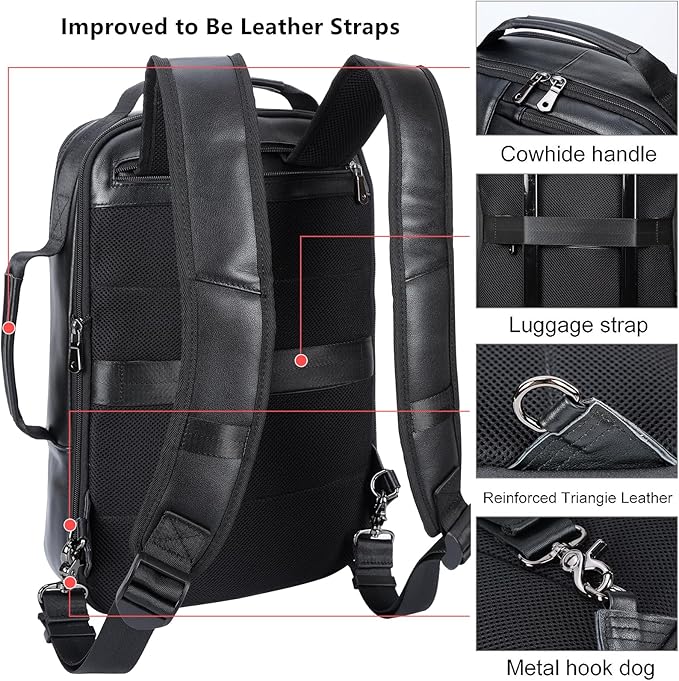 Masa Kawa Slim Leather 15.6" Laptop Backpack for Men Convertible Briefcase Backpacks Expandable Black Business Work Bag Slim Travel Daypack